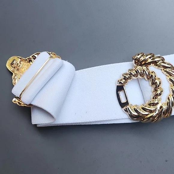 Vintage Motions East White Stretchy Belt With Gold Wooven Hardware - Picture 2 of 5